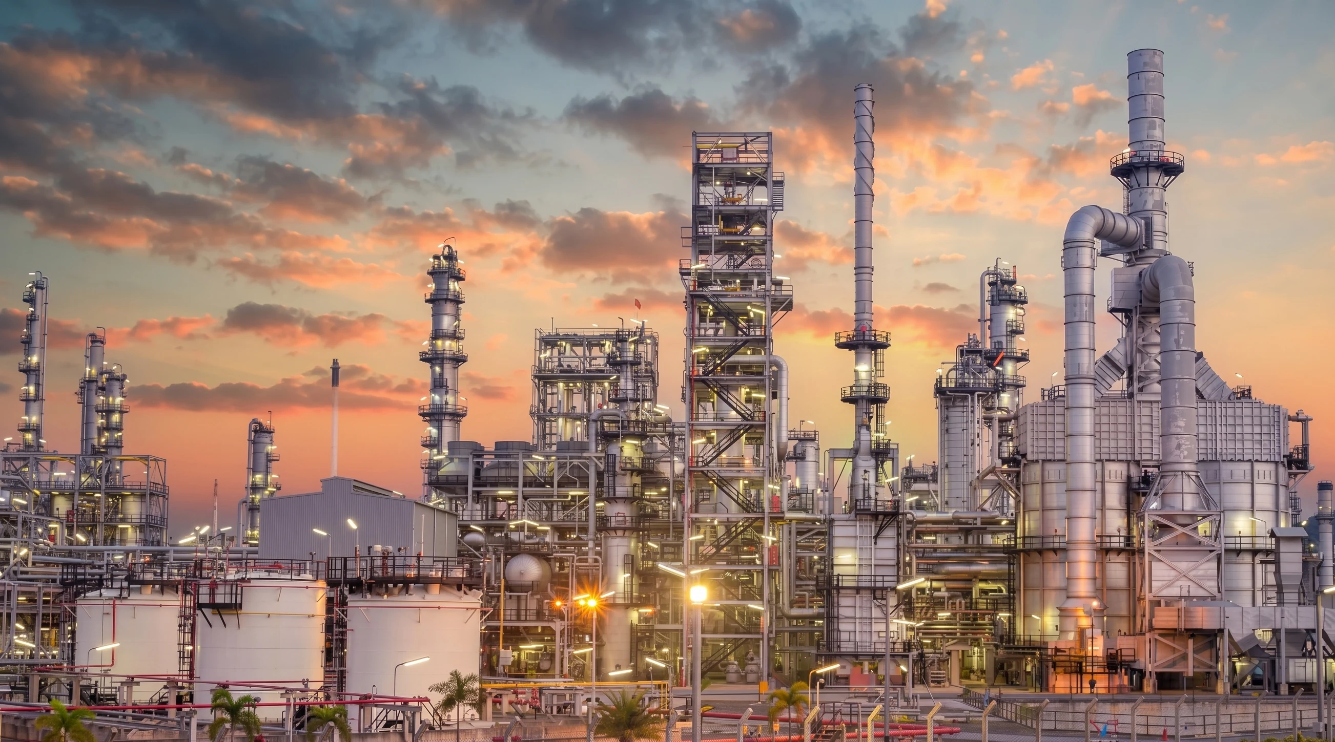 Process towers and piping of a refinery lit up at dusk.