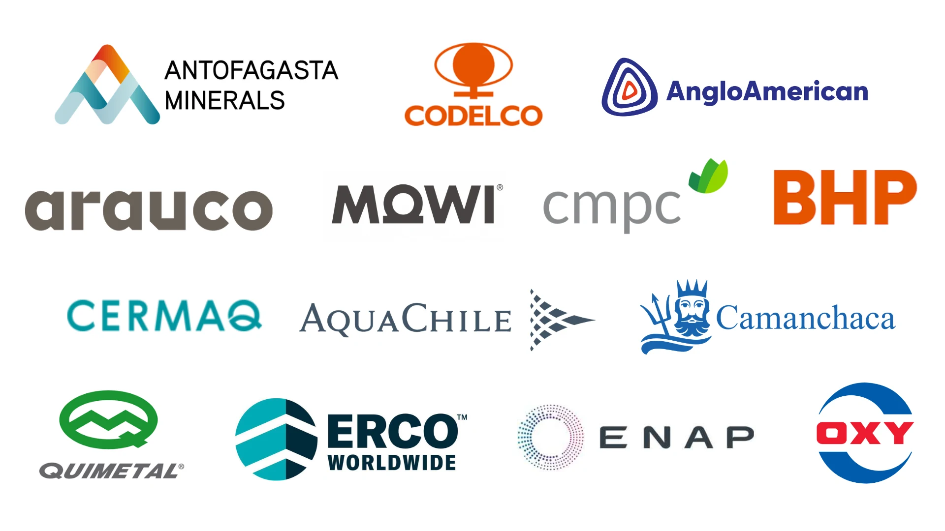 Logotipos de empresas clientes de Invenio: Antofagasta Minerals, Codelco, Anglo American, Arauco, Mowi, CMPC, BHP, Cermaq, AquaChile, Camanchaca, Quimetal, ERCO Worldwide, ENAP y Oxy.
