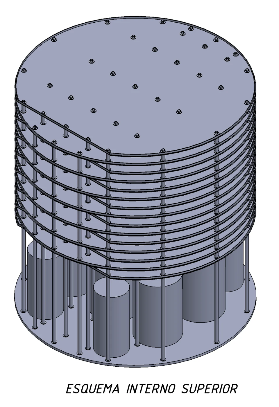 Three-dimensional scheme of the upper interior of the scrubber, with the stacked trays, their supports, and the risers.