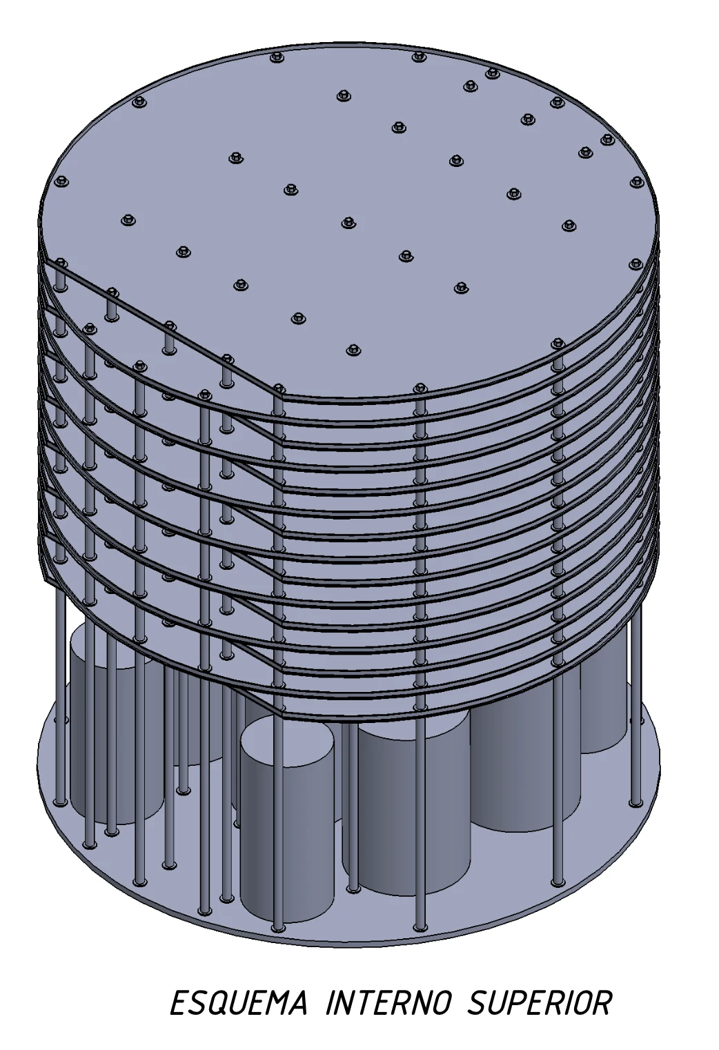 Three-dimensional scheme of the upper interior of the scrubber, with the stacked trays, their supports, and the risers.