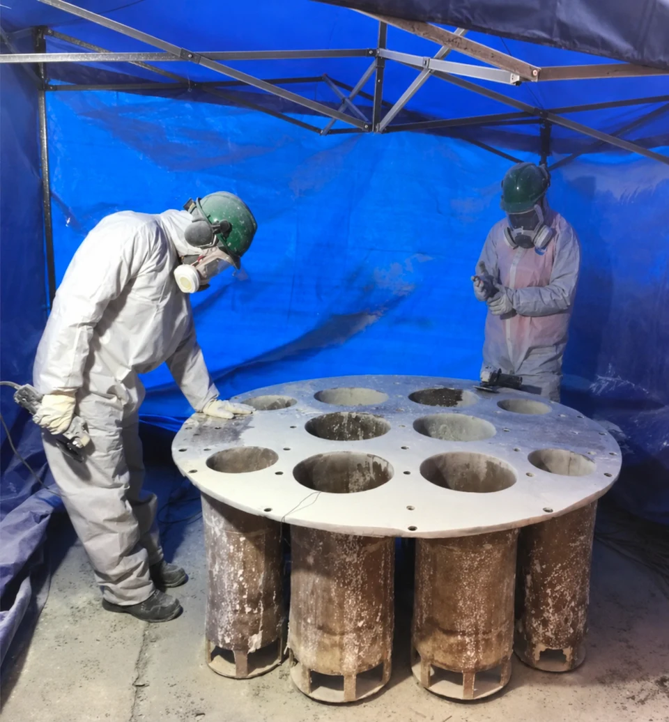 Two workers in coveralls, helmets, and respirators sanding the circular base of the intermediate level under a containment tent.