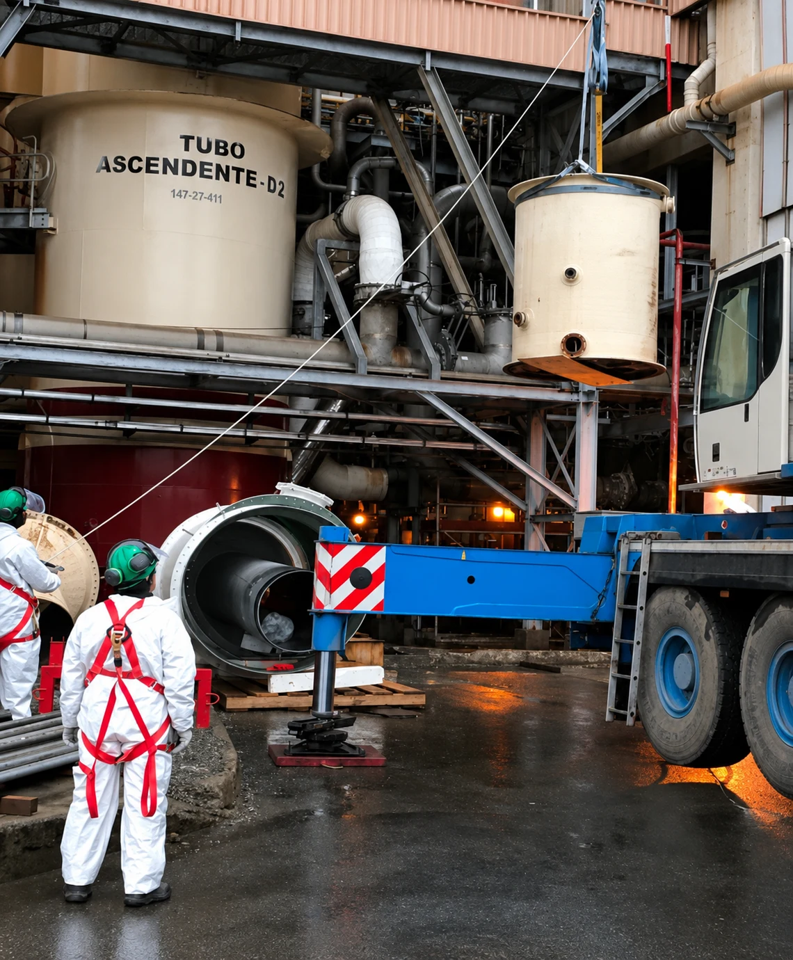 Crane removing a cylindrical section of the existing scrubber inside the plant, with two workers in coveralls and harnesses in the foreground.